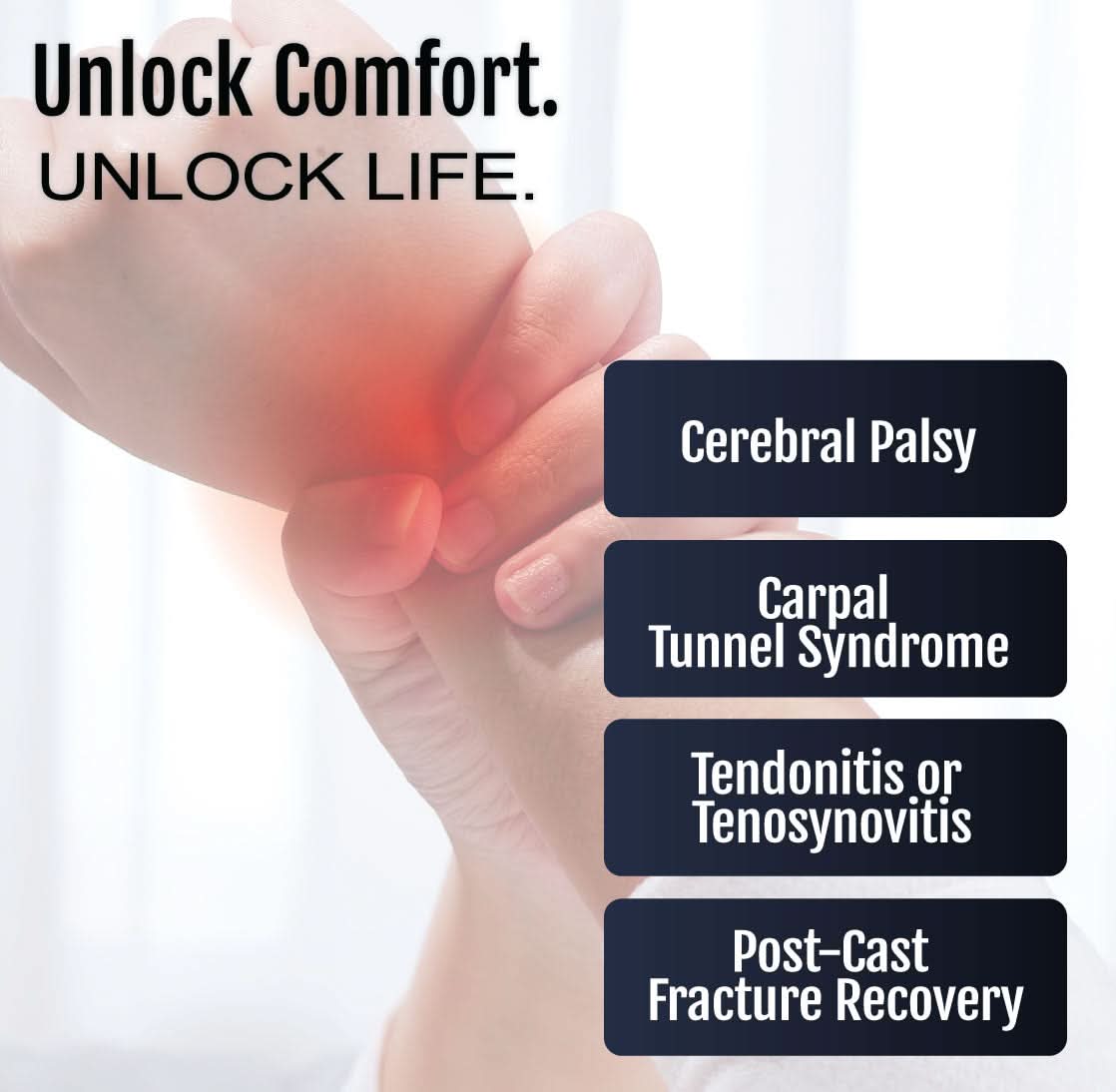 Hand wearing a beige wrist extension splint with adjustable straps, designed for support and comfort, highlighted for.