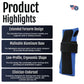 Wrist extension splint with extended forearm design, black and blue adjustable aluminum base, made in the USA, featured by.