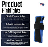 Product highlights poster for wrist extension splint with extended forearm design, malleable aluminum base, and low-profile.