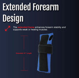 Blue and black extended length wrist extension splint with adjustable black straps, made in the USA, RCAI, best orthopedic.