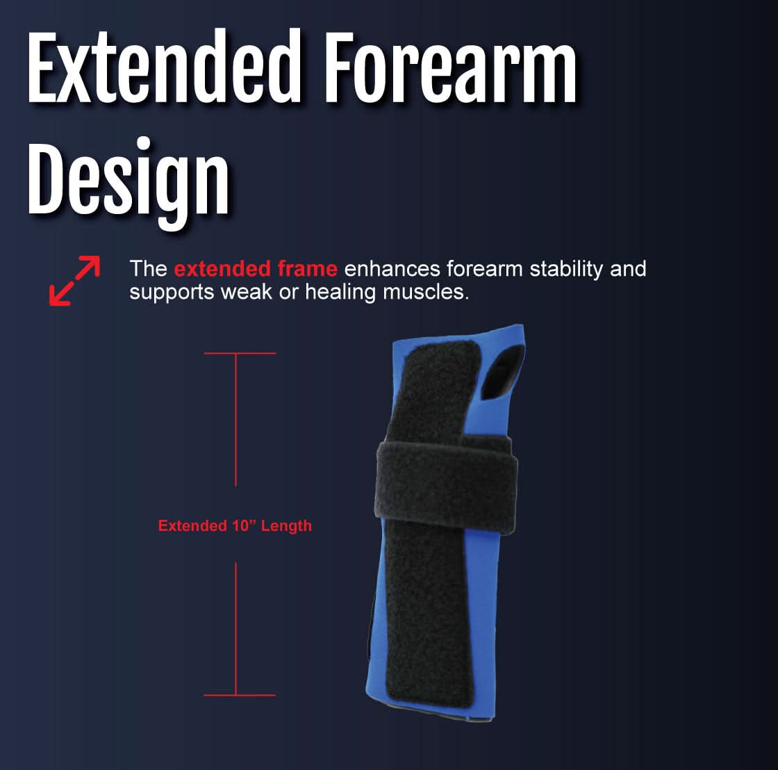 Blue and black extended length wrist extension splint with adjustable black straps, made in the USA, RCAI, best orthopedic.