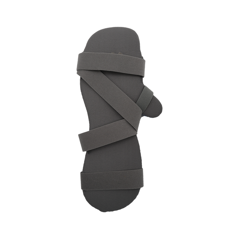 Gray finger extension orthosis with three adjustable Velcro straps and padded material, designed for hand support.