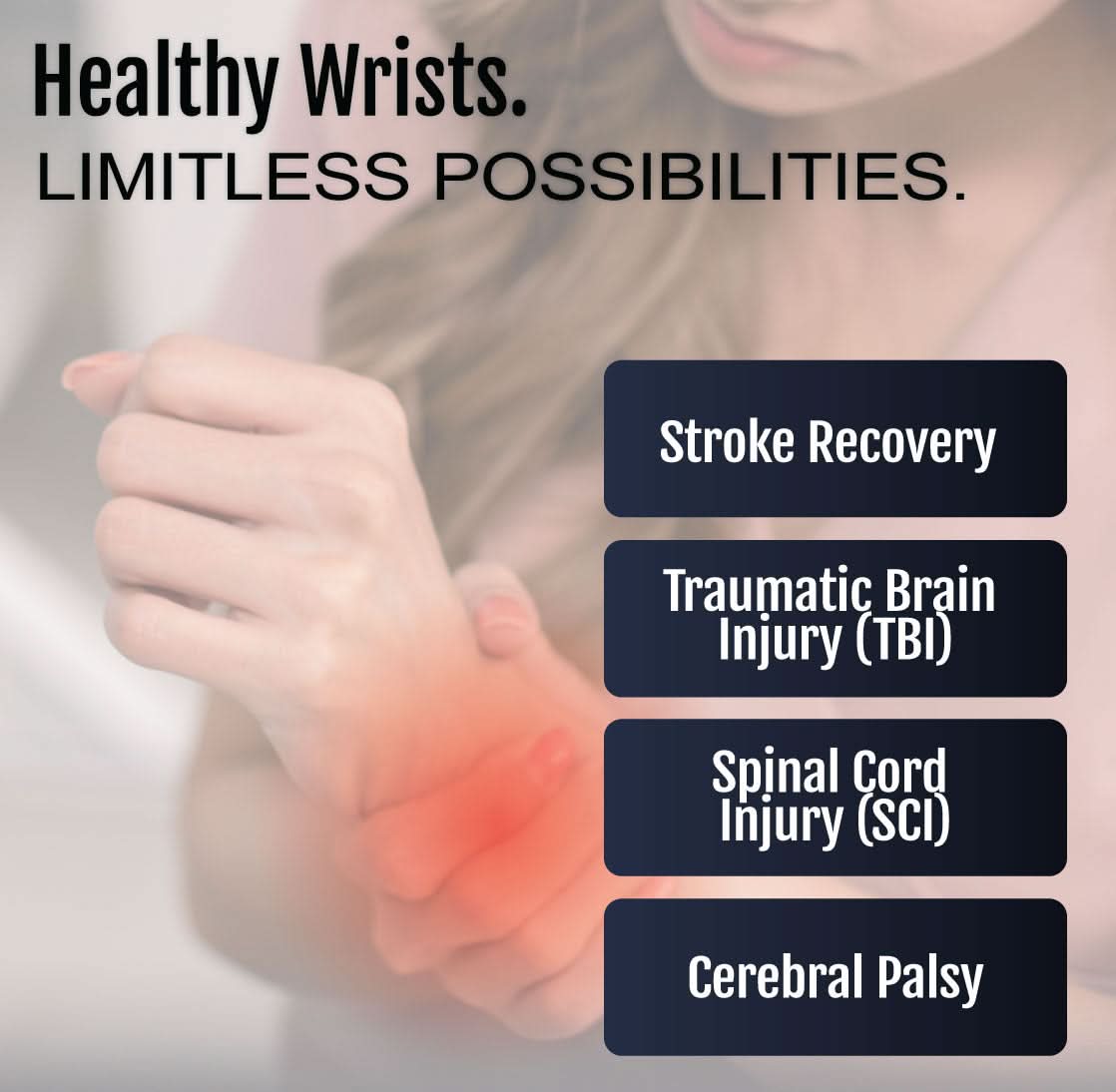 Hand wearing skin-tone finger extension orthosis with red highlight on wrist, promoting healthy wrists; made in the USA,.