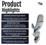 Adjustable gray finger extension orthosis with blue accents, contoured platform, hook-and-loop closures, and passive stretch .