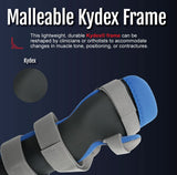 Blue padded finger extension orthosis with black malleable Kydex frame and adjustable gray straps, made in the USA by RCAI,.