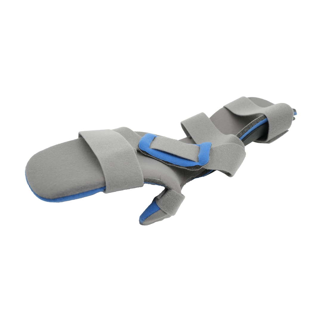 Gray and blue finger extension orthosis with adjustable straps, made in the USA, best orthopedic braces by RCAI for B2B.