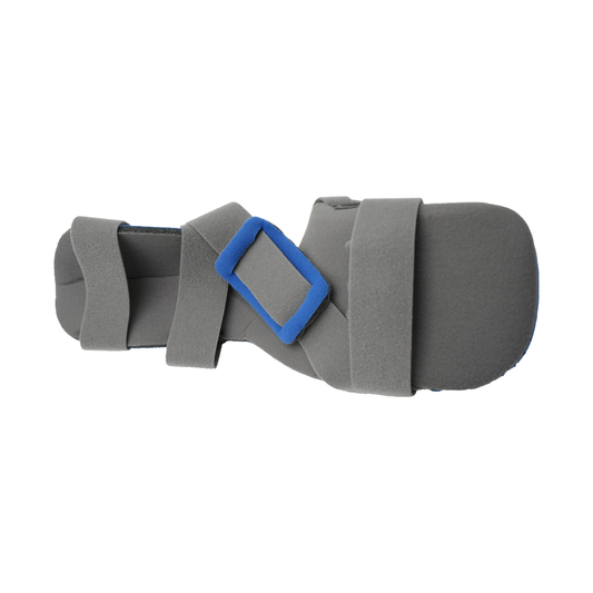 Gray finger extension orthosis with blue buckle and adjustable straps, made in the USA, top choice in RCAI B2B orthopedics.