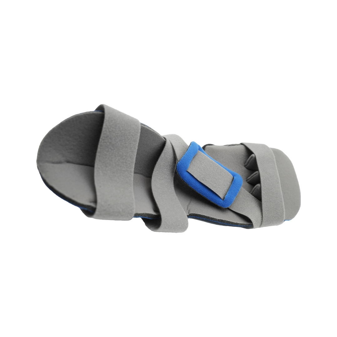 Gray finger extension orthosis with three adjustable straps, blue accent on middle strap, made in the USA, rcai, b2b.