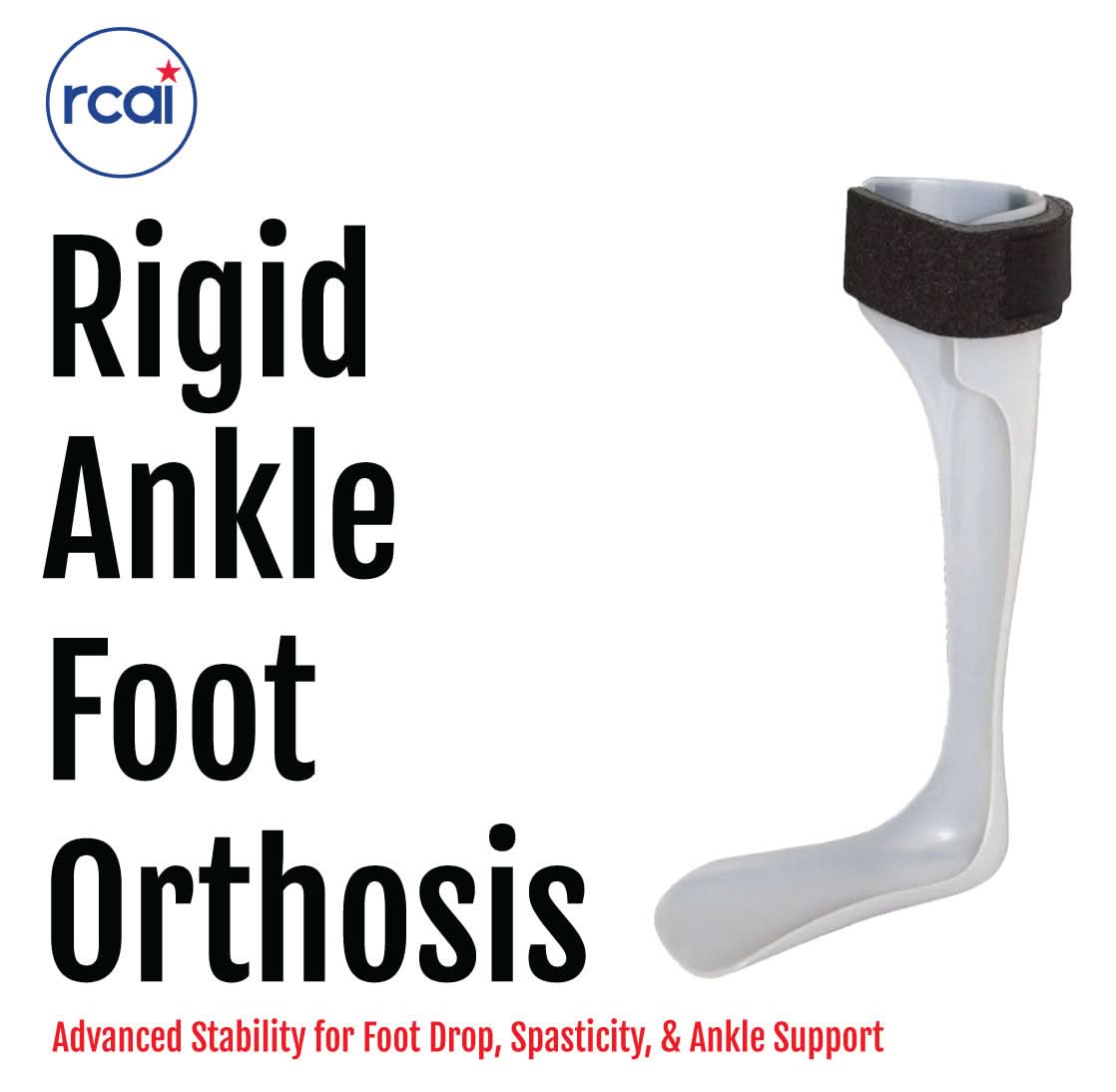 White rigid ankle foot orthosis with black adjustable strap, made in the USA, RCAI best orthopedic braces for stability, B2B .