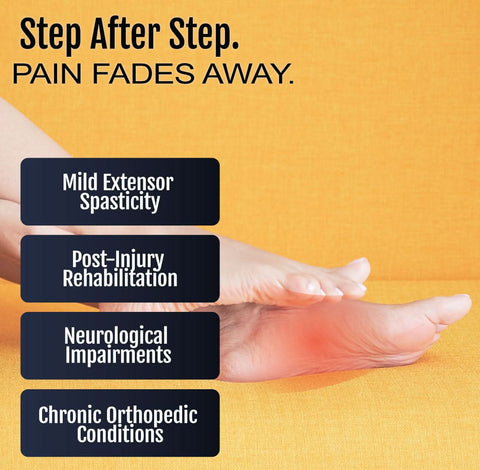 Right foot wearing RCAI rigid ankle foot orthosis in beige, offering firm support for stability and comfort, made in the.