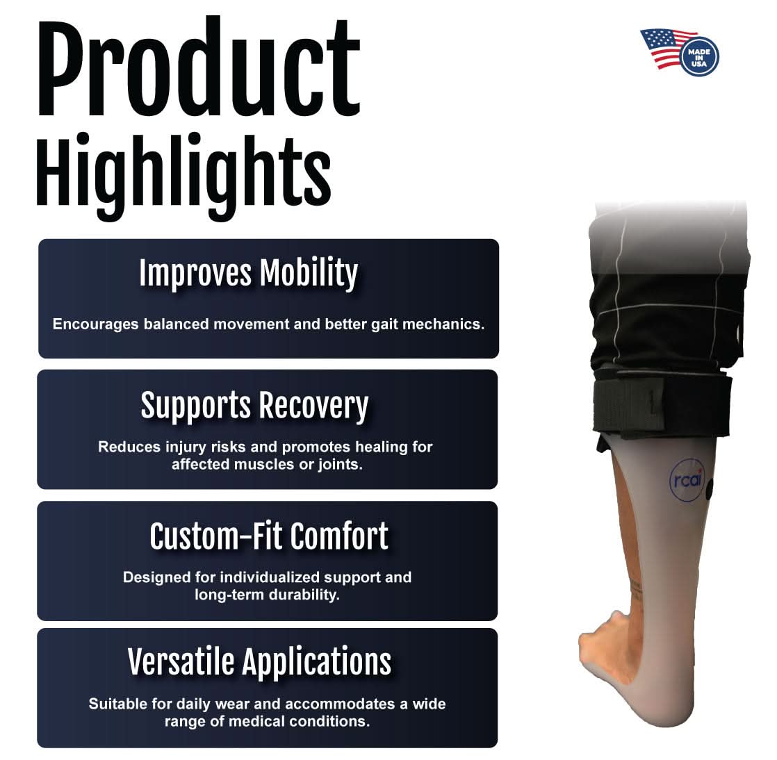 RCAI ankle foot orthosis product highlights card with dark blue text blocks detailing improved mobility, recovery support,.