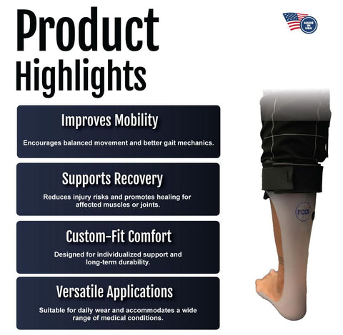 RCAI ankle foot orthosis product highlights text with improvements in mobility, recovery support, custom-fit comfort, and.