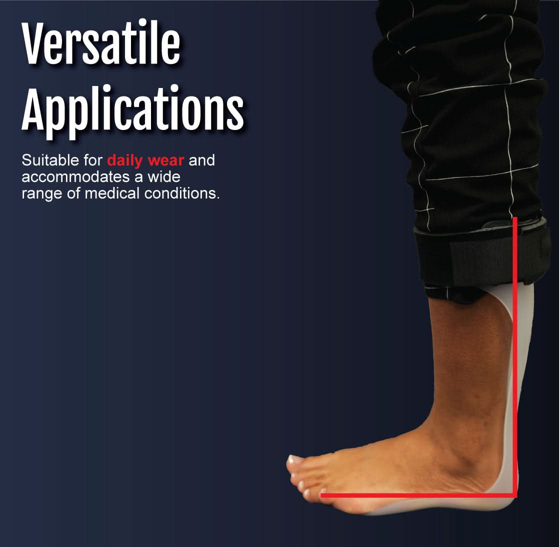 Rigid beige RCAI ankle foot orthosis on right leg, made in the USA, designed for comfort and stability, ideal for B2B.