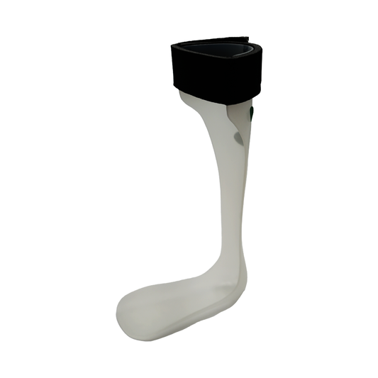 White rigid RCAI ankle foot orthosis with black cushioned strap, designed for right foot, made in the USA, best orthopedic.