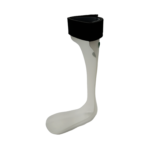 White rigid RCAI ankle foot orthosis with black cushioned strap, designed for right foot, made in the USA, best orthopedic.