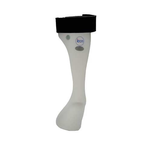White rigid RCAI ankle foot orthosis with black adjustable strap at the top, made in the USA, ideal for best orthopedic.