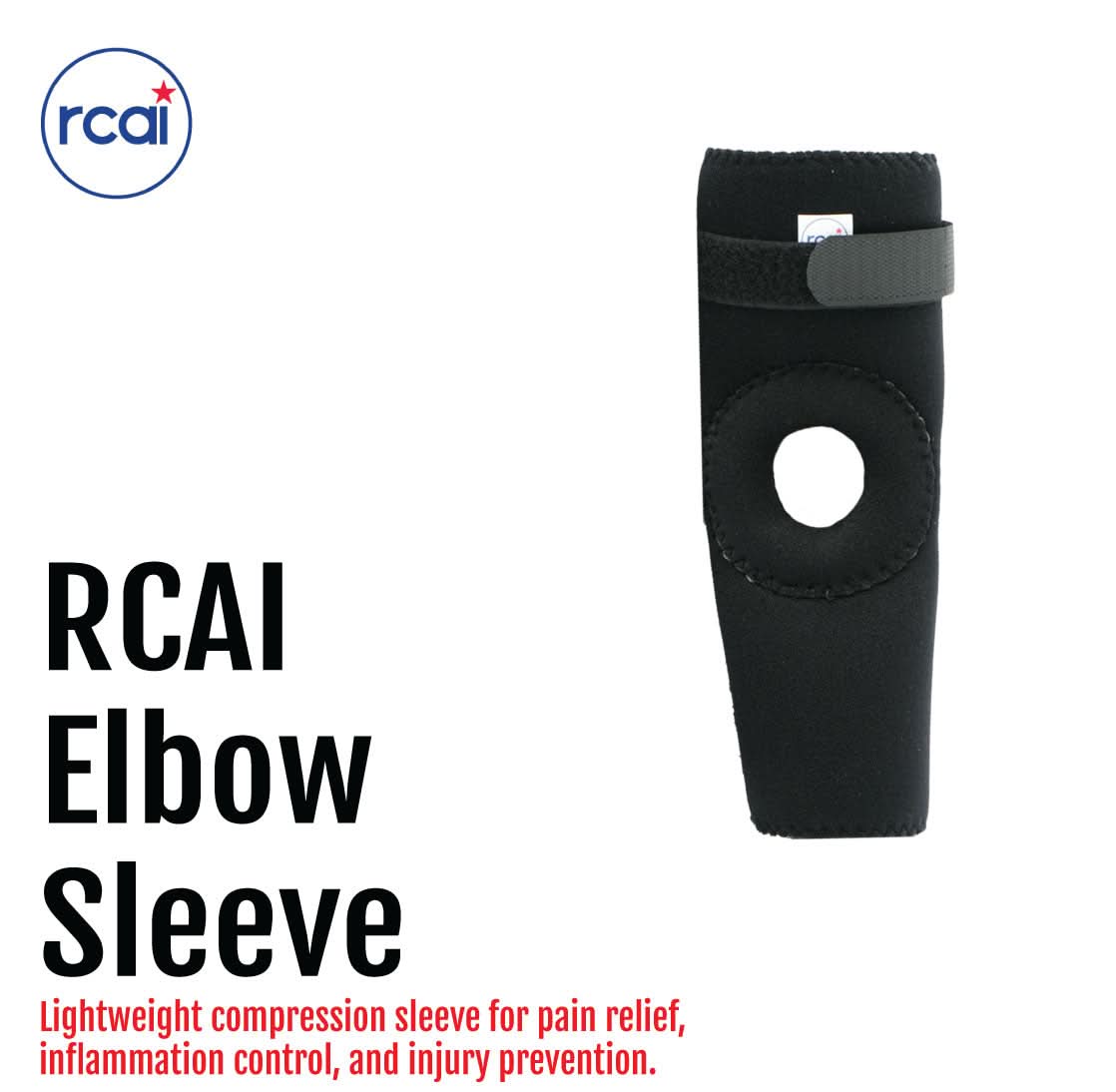 Black RCAI elbow sleeve with open patella design and adjustable strap, lightweight compression brace, made in the USA, best.