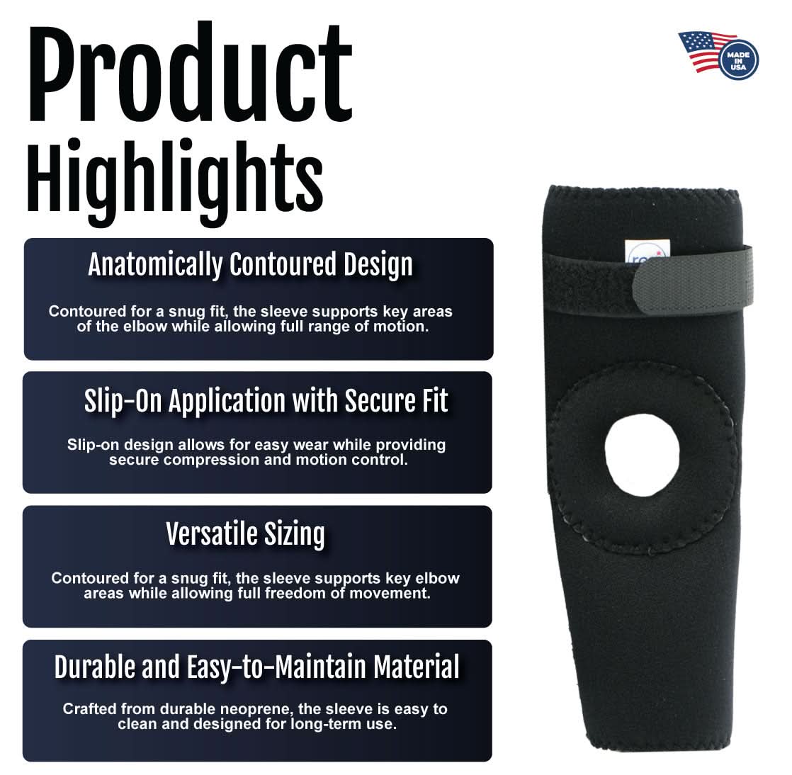 Black RCAI elbow sleeve with open circular elbow pad, adjustable strap, made in the USA logo on label, designed for secure.