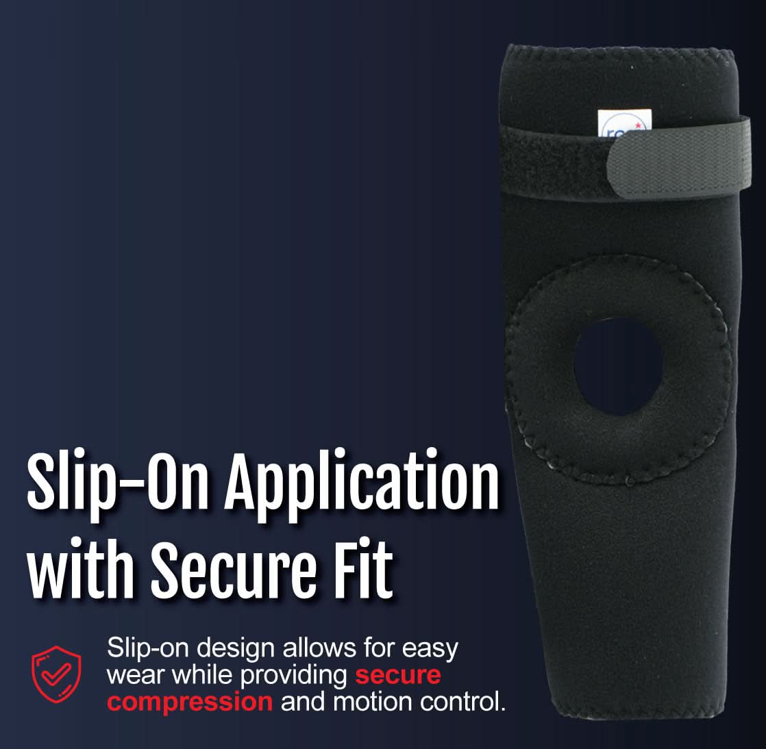Black RCAI elbow sleeve with open patella design and adjustable hook-and-loop strap, made in the USA, featured for b2b.