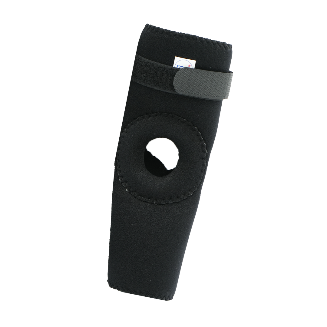 Black RCAI elbow sleeve with open patella design, adjustable strap, made in the USA, best orthopedic brace for B2B.