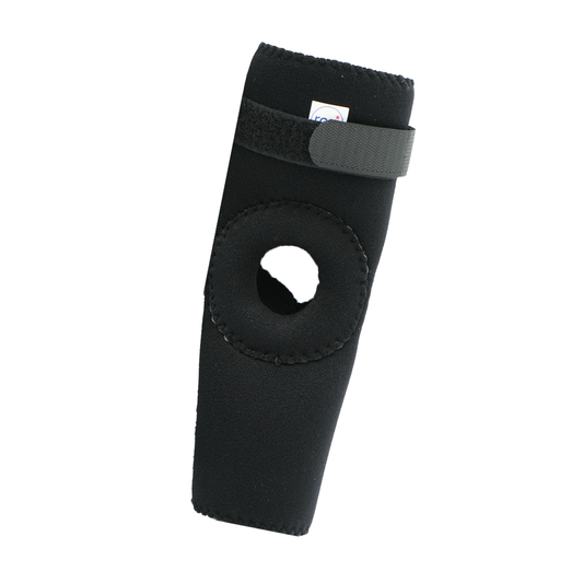 Black RCAI elbow sleeve with open patella design, adjustable strap, made in the USA, best orthopedic brace for B2B.