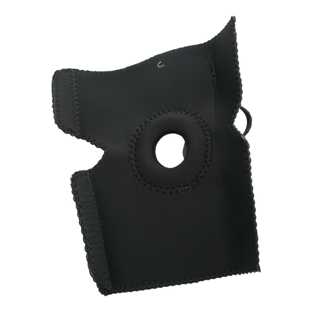 Black RCAI elbow sleeve with open patella design, made in the USA, featuring reinforced stitching and stretch fabric for.