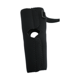 Black RCAI elbow sleeve with adjustable strap and open elbow design, made in the USA, top choice for B2B orthopedics.
