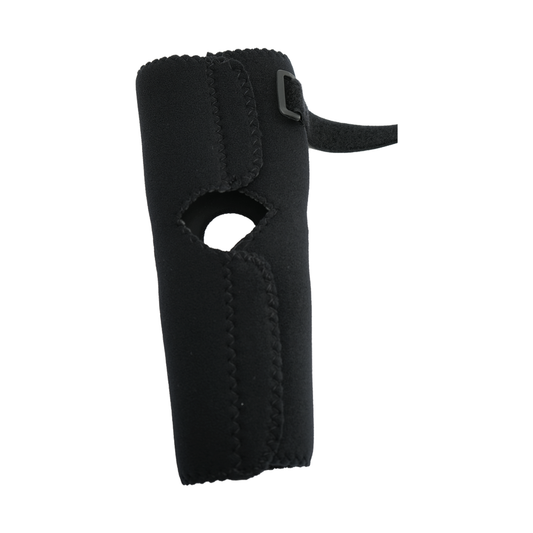 Black RCAI elbow sleeve with adjustable strap and open elbow design, made in the USA, top choice for B2B orthopedics.