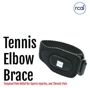 Black RCAI tennis elbow brace with adjustable strap and white stitching, made in the USA, best orthopedic brace for.