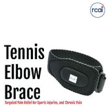 Black RCAI tennis elbow brace with adjustable strap and white stitching, made in the USA, best orthopedic braces for B2B.