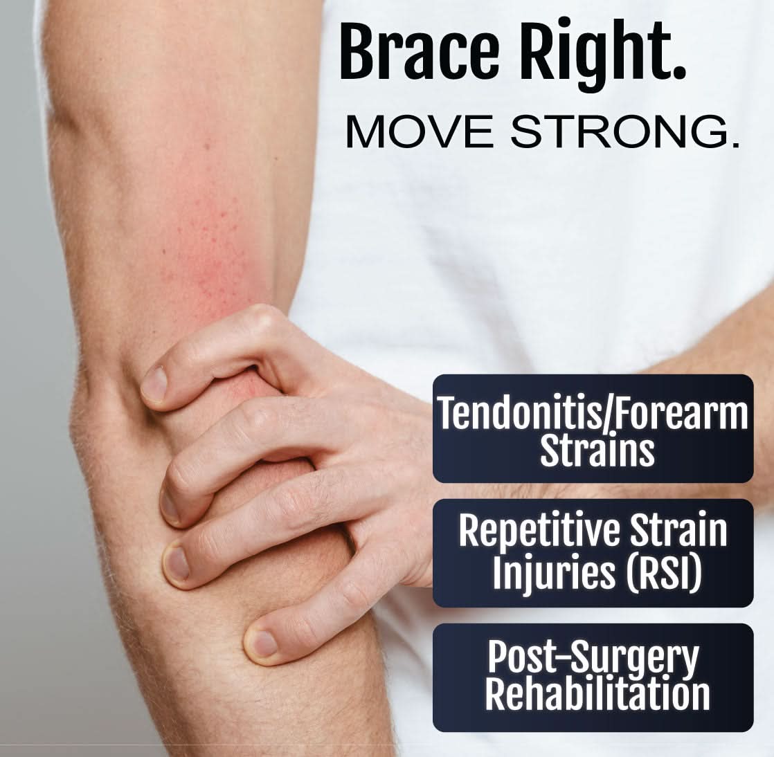 RCAl tennis elbow brace on forearm, black with adjustable strap, highlighting pain relief for tendonitis, RSI, and.