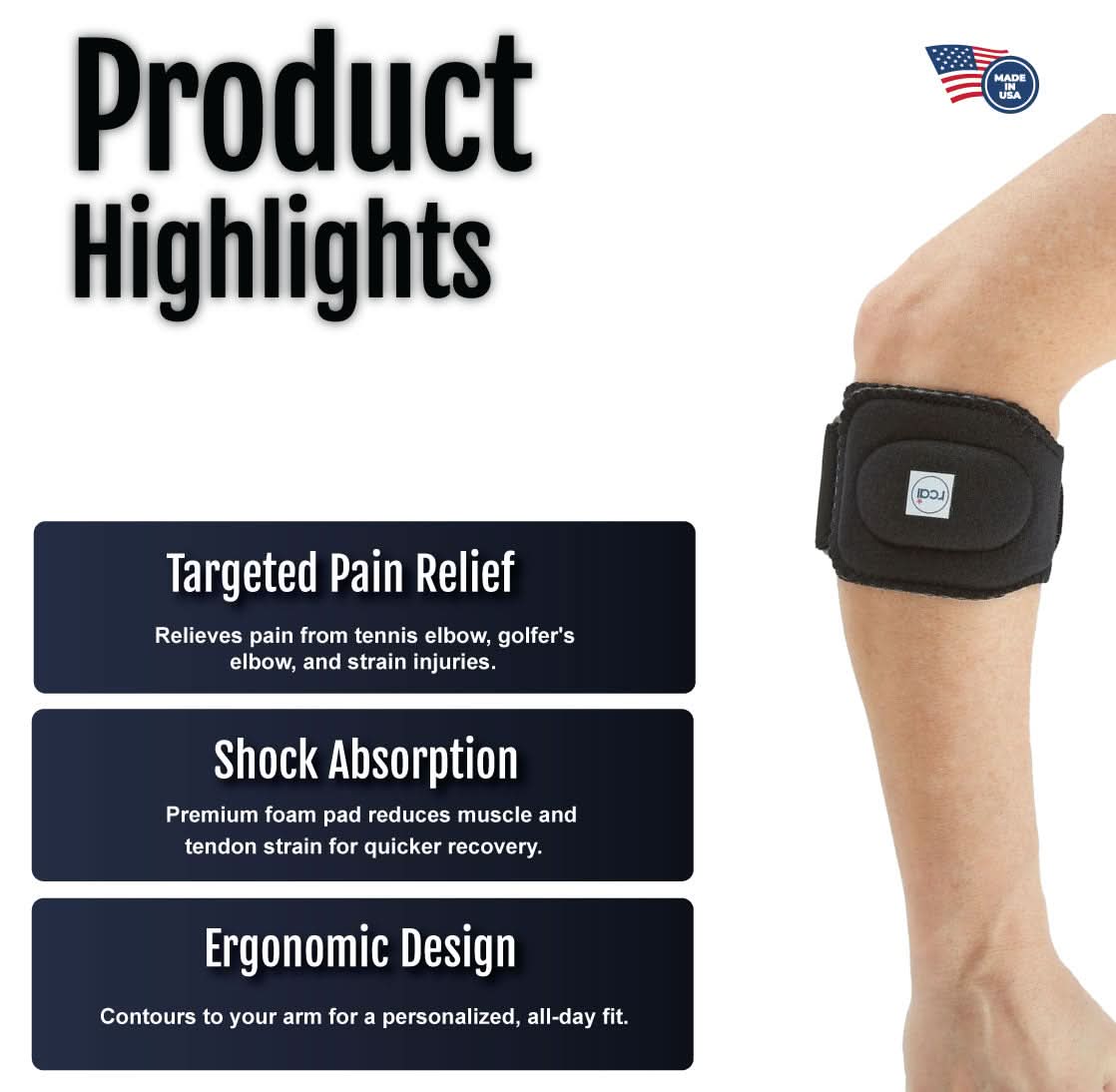 Black RCAI tennis elbow brace with adjustable strap and logo patch, designed for ergonomic fit and targeted pain relief,.