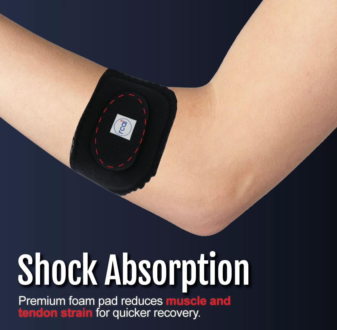 Black RCAI tennis elbow brace with red stitching on a bent arm, made in the USA, designed for shock absorption and muscle.