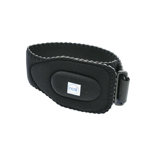 Black RCAI tennis elbow brace with adjustable strap and white logo patch, made in the USA, best orthopedic braces for B2B.