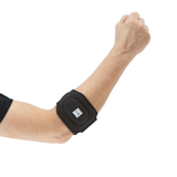 Black RCAI tennis elbow brace worn on bent arm, adjustable strap with logo patch, made in the USA, best orthopedic braces,.