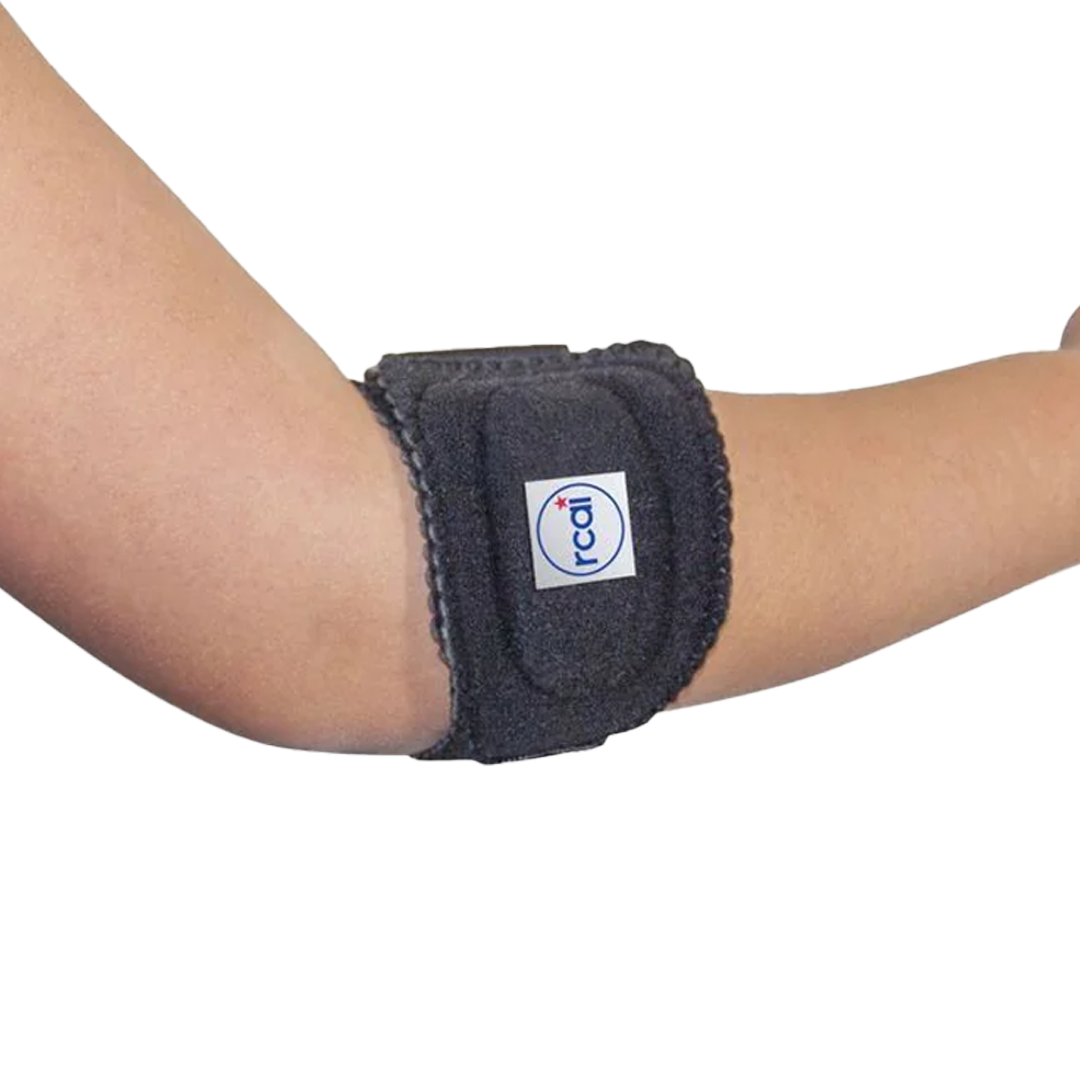 Black RCAI tennis elbow brace wrapped around forearm with hook-and-loop closure, made in the USA, best orthopedic braces for .