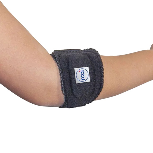 Black RCAI tennis elbow brace wrapped around forearm with hook-and-loop closure, made in the USA, best orthopedic braces for .