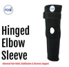 Black hinged elbow sleeve with adjustable straps and open patella design, features rcaicom logo, made in the USA, best.
