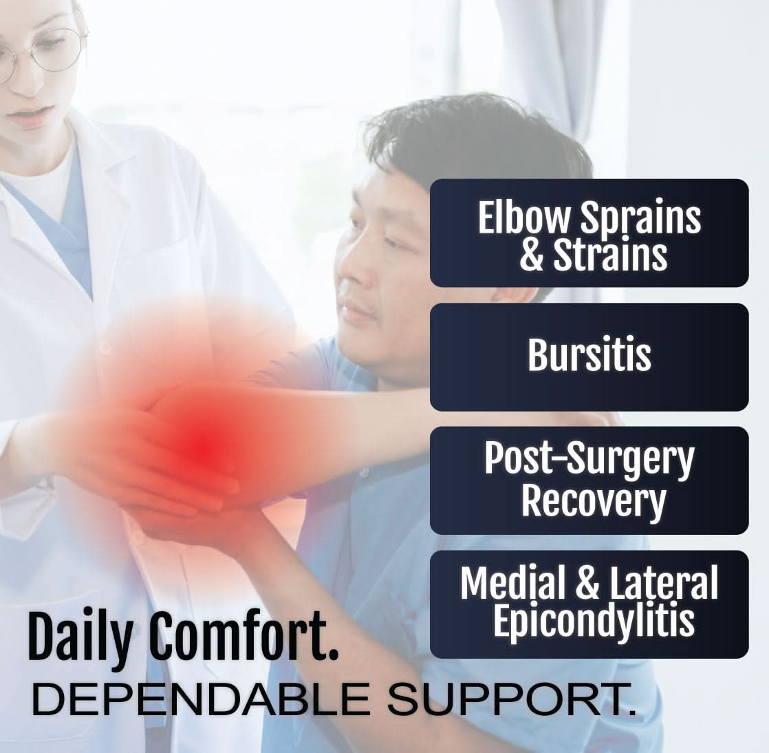 RCAI hinged elbow sleeve in black neoprene on a male arm, highlighting pain relief for elbow sprains, bursitis, and.