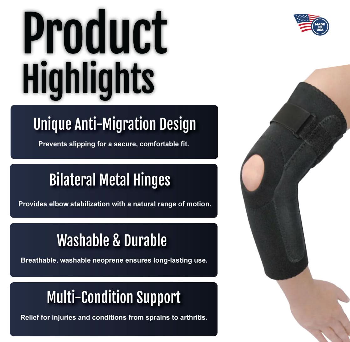 Black RCAI hinged elbow sleeve with adjustable straps and bilateral metal hinges, featuring anti-migration design and made.