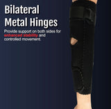 Black RCAI hinged elbow sleeve with bilateral metal hinges for enhanced stability, worn on left arm, made in the USA, best.