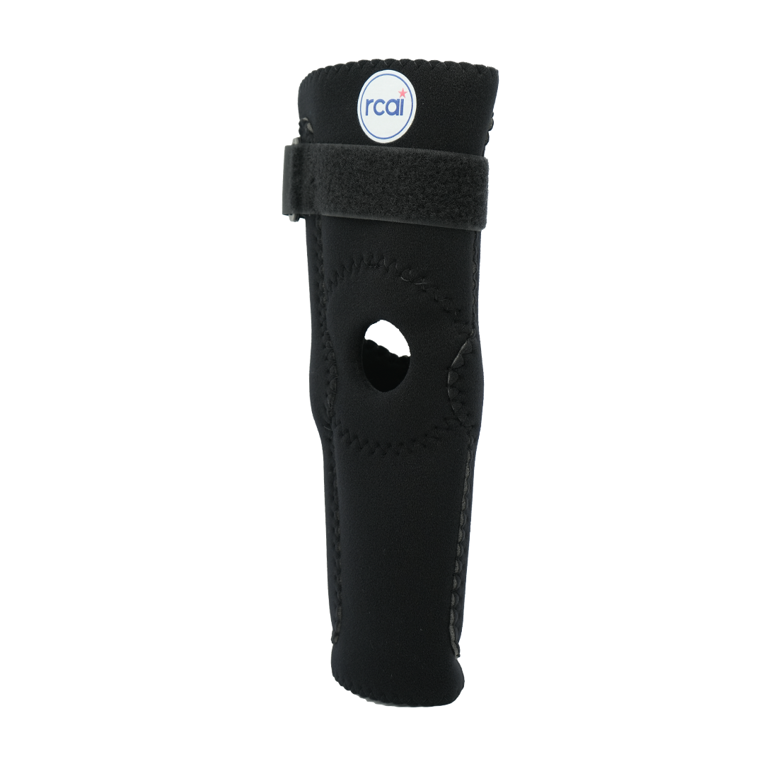 Black RCAI hinged elbow sleeve with open patella design, adjustable top strap, and textured neoprene material, showcasing.