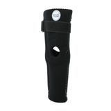Black RCAI hinged elbow sleeve with adjustable Velcro strap, made in the USA, designed for advanced pain relief and.