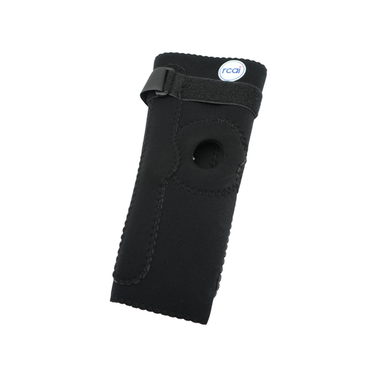 Black RCAI hinged elbow sleeve with open patella design, adjustable strap, and soft padded material, labeled made in the.