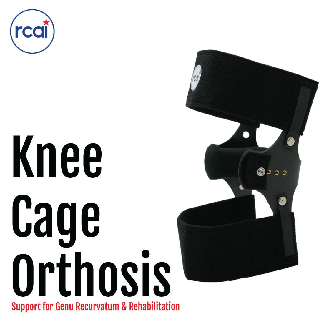 Black RCAI knee cage orthosis with adjustable straps and metal hinges, made in the USA, designed for genu recurvatum.