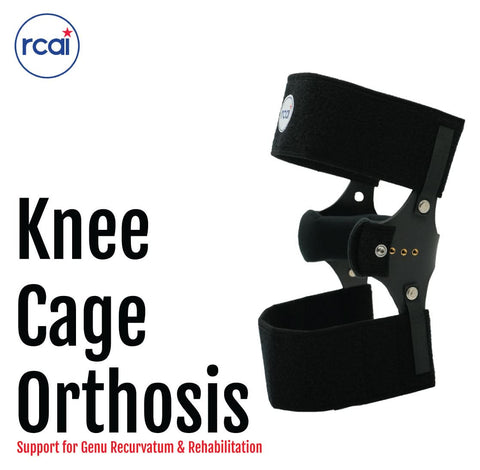 Black RCAI knee cage orthosis with adjustable straps and metal hinges, made in the USA, designed for genu recurvatum.