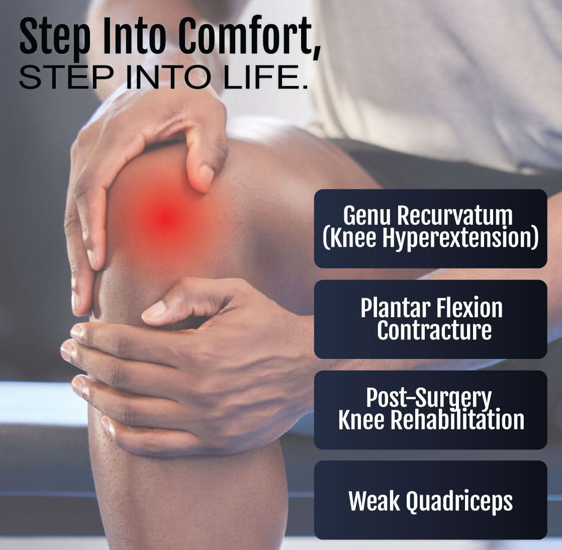 Person wearing RCAI Knee Cage Orthosis on knee with red highlight for pain relief, showcasing support for genu recurvatum,.