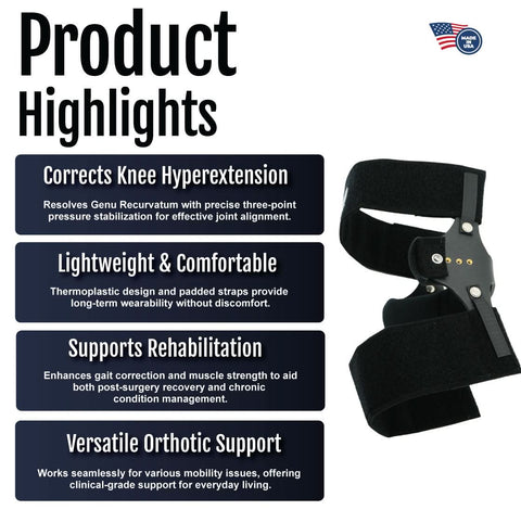 RCAI Knee Cage Orthosis in black with adjustable straps and metal hinge, made in the USA, best orthopedic braces designed.