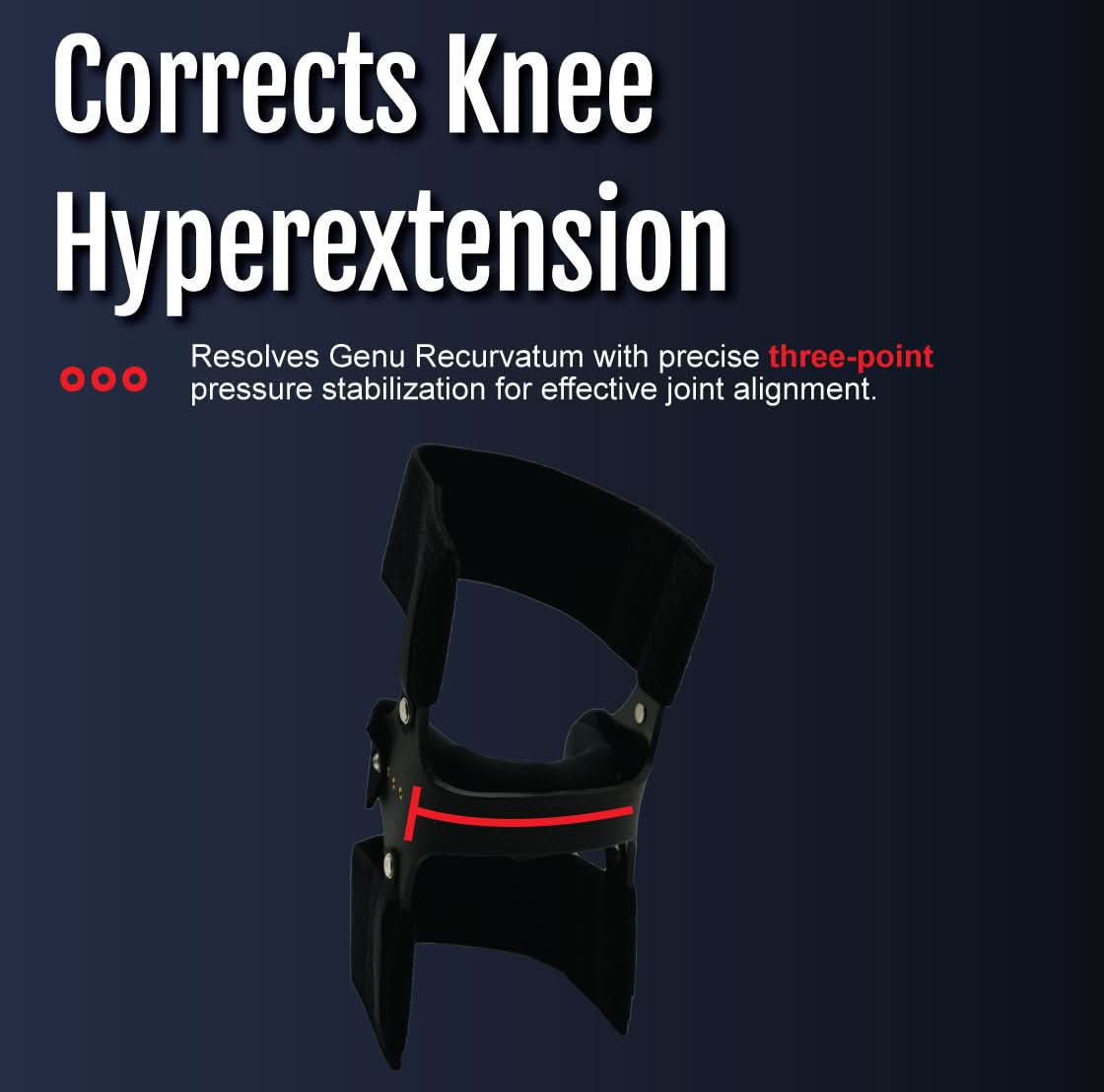 Black RCAI Knee Cage Orthosis with adjustable straps and metal hinges, designed for knee hyperextension support, made in the .