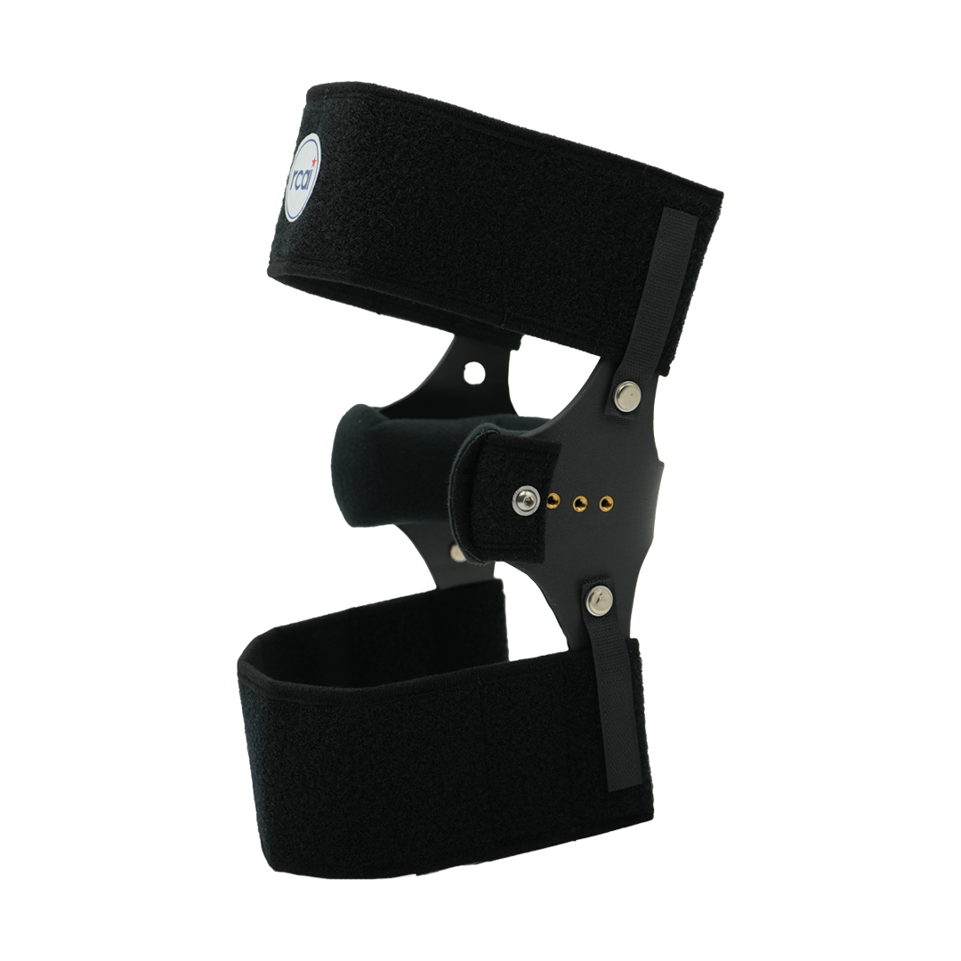 Black RCAI knee cage orthosis made in the USA with adjustable straps and metal hinges, best orthopedic brace for genu.